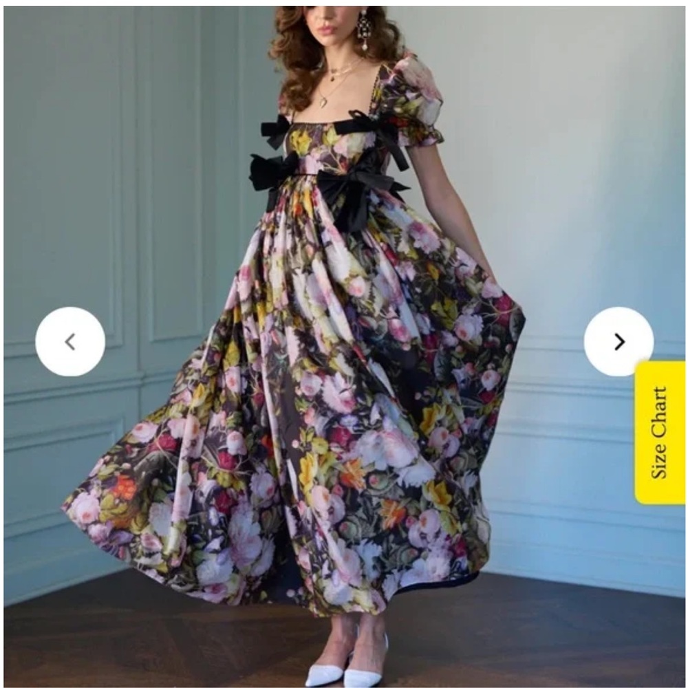 Selkie Floral Puff Sleeve Dress with Black Bows